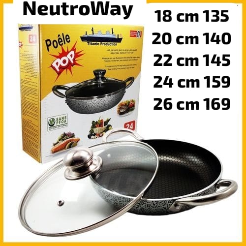 (8pv) Poêle élégante avec Revêtement antiadhésif - 2 poignées et couvercle en verre / Facile à nettoyer - revêtement plus résistant